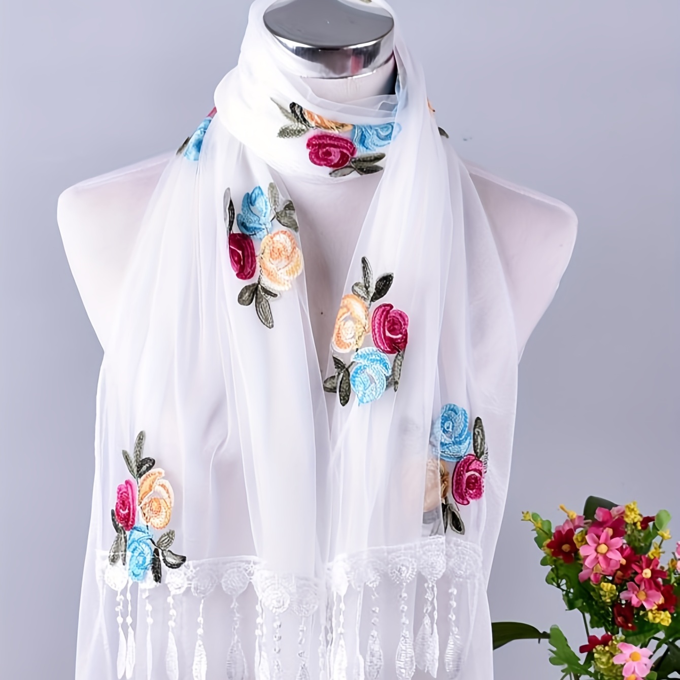 Flower Embroidery Tassel Scarf Boho Lace Shawl Head Wrap