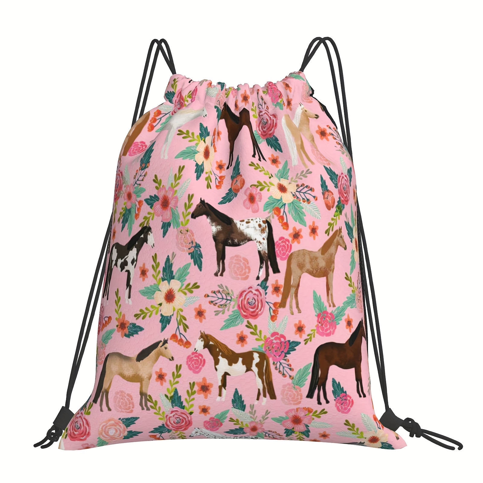 

1pc Horses Floral Drawstring Backpack, Sport Swim Bag Gym String Bag Dance Bag For Women And Men