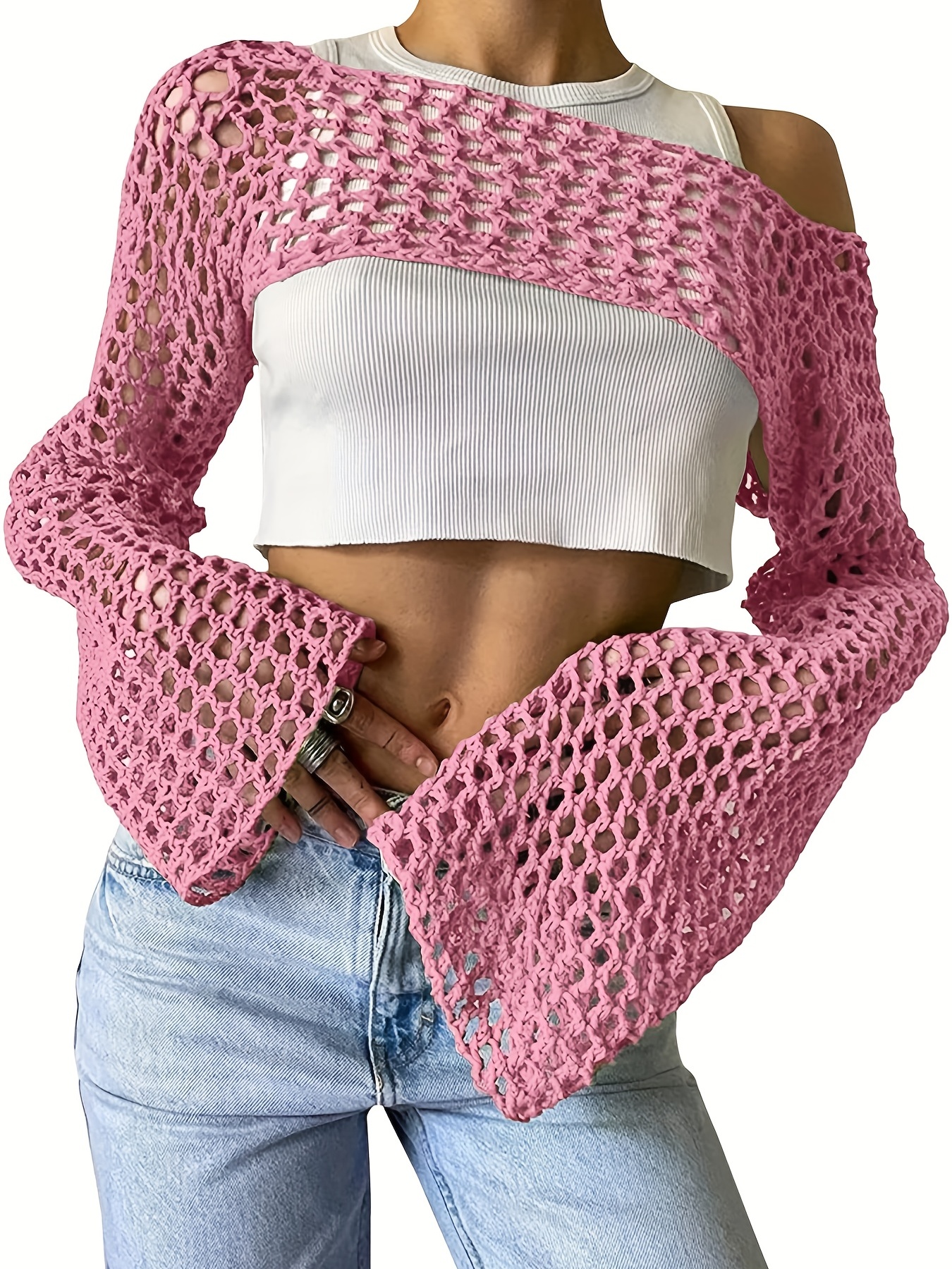 Crochet Cropped Knit Sweater Y2k Flared Sleeve Solid Sweater - Temu