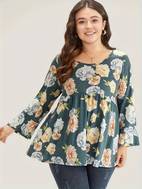 plus size casual top womens plus floral print bell sleeve round neck slight stretch top