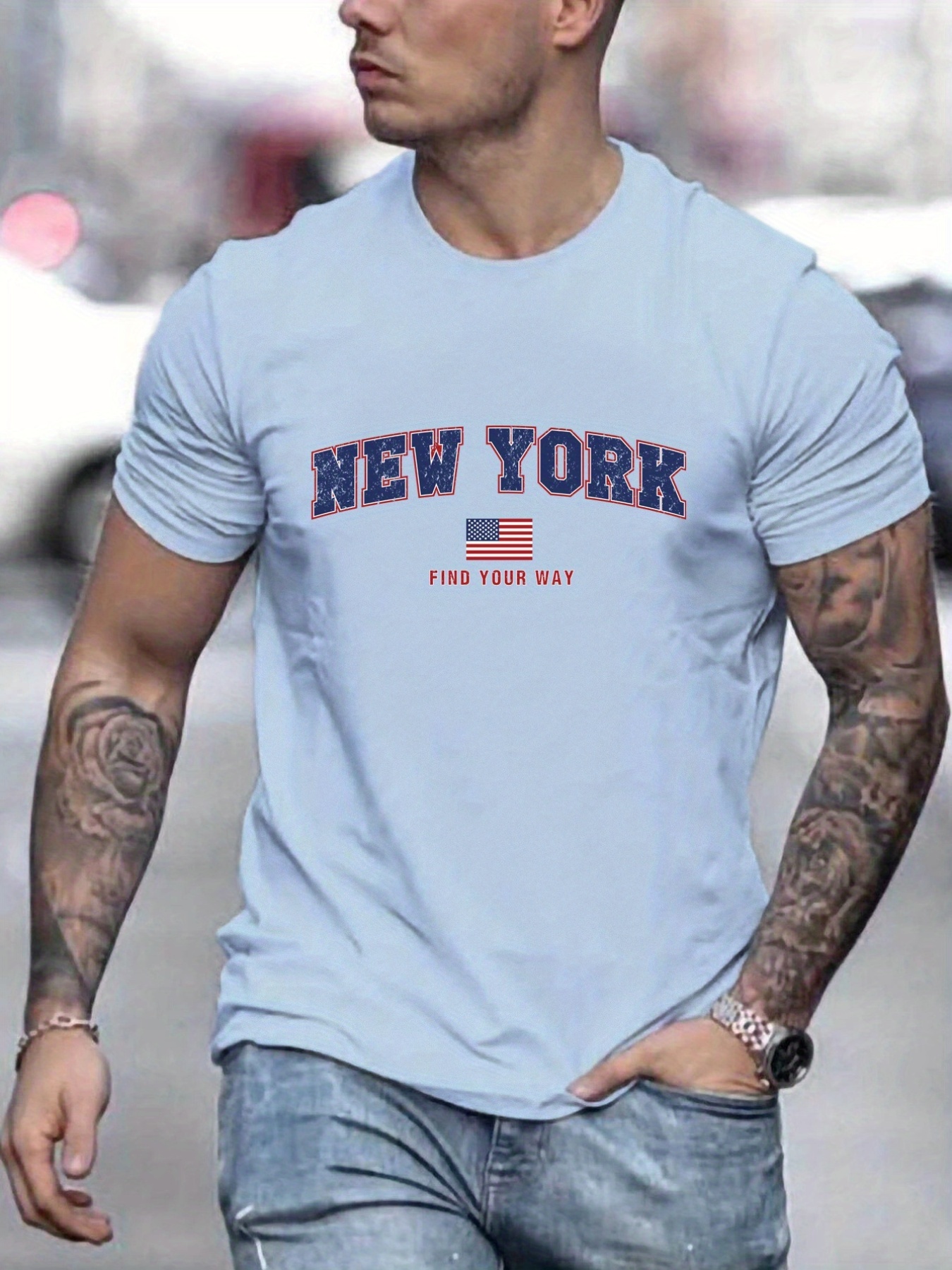 new York Pattern Print Men's Comfy Sports T-shirt, Graphic Tee