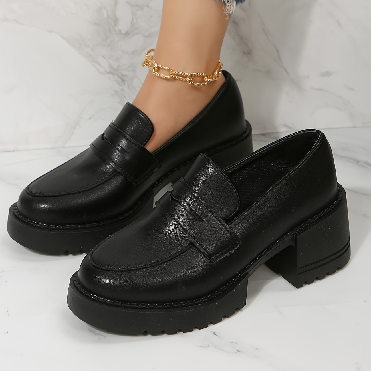 Solid Color Chunky Heel Loafers, Elegant Slip On Faux Leather Shoes, Comfortable Black Temu