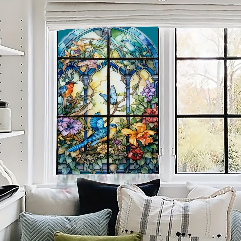 Kaufe Bunte Blumen-Vogel-Buntglas-Fensterfolie, nicht klebend,  UV-blockierend, Wärmeisolierung, dekorativ, statisch haftend