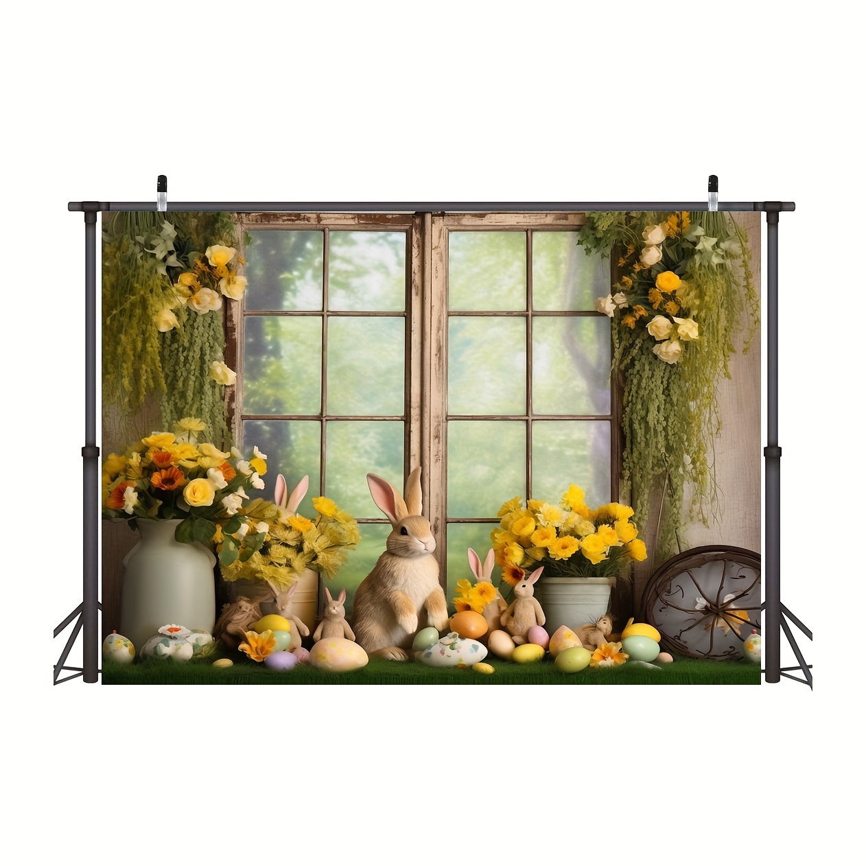1pc easter rabbit eggs photo backdrop spring window forest rabbit eggs flower celebrations photography background colorful eggs cute rabbit birthday newborn theme party decorations
