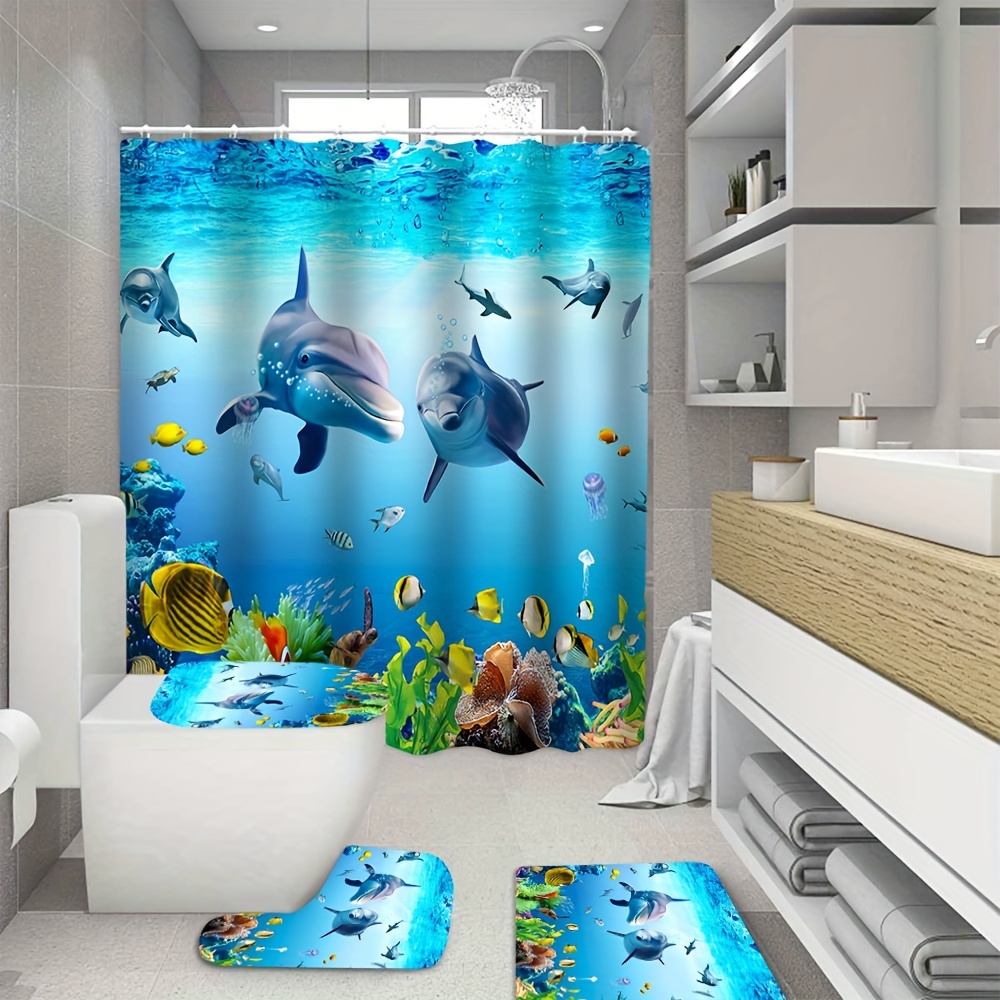 Dolphin Print Shower Curtain Set Bath Rug U shape Mat Toilet - Temu