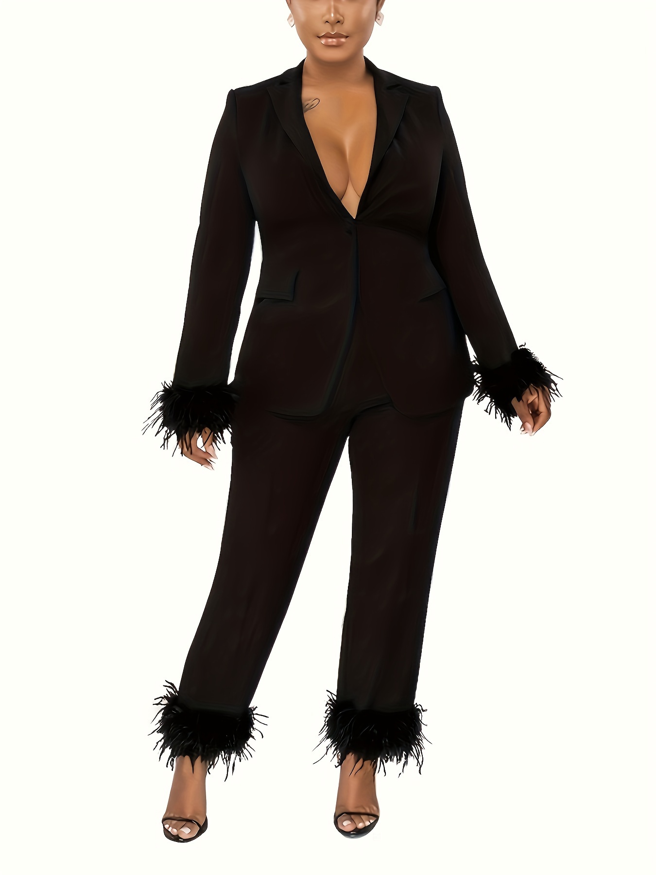 Plus Size Casual Suit Set, Women's Plus Solid Long Sleeve Lapel Collar  Fuzzy Trim Blazer & Pants Suit 2 Piece Set