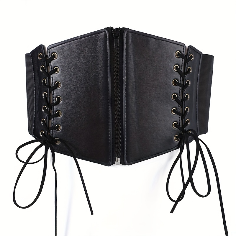 Vintage Lace Zipper Girdle Black Pu Leather Elastic Wide - Temu