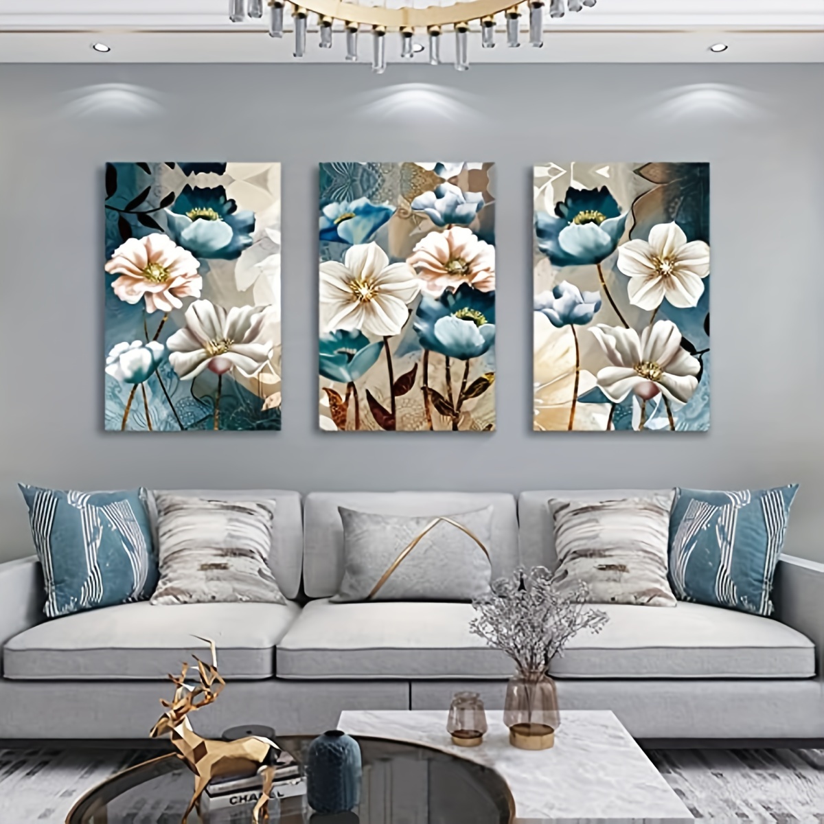 Arte de pared de flores, decoración floral, cuadros blancos modernos con  pinturas de lámina dorada, obras de arte enmarcadas para sala de estar