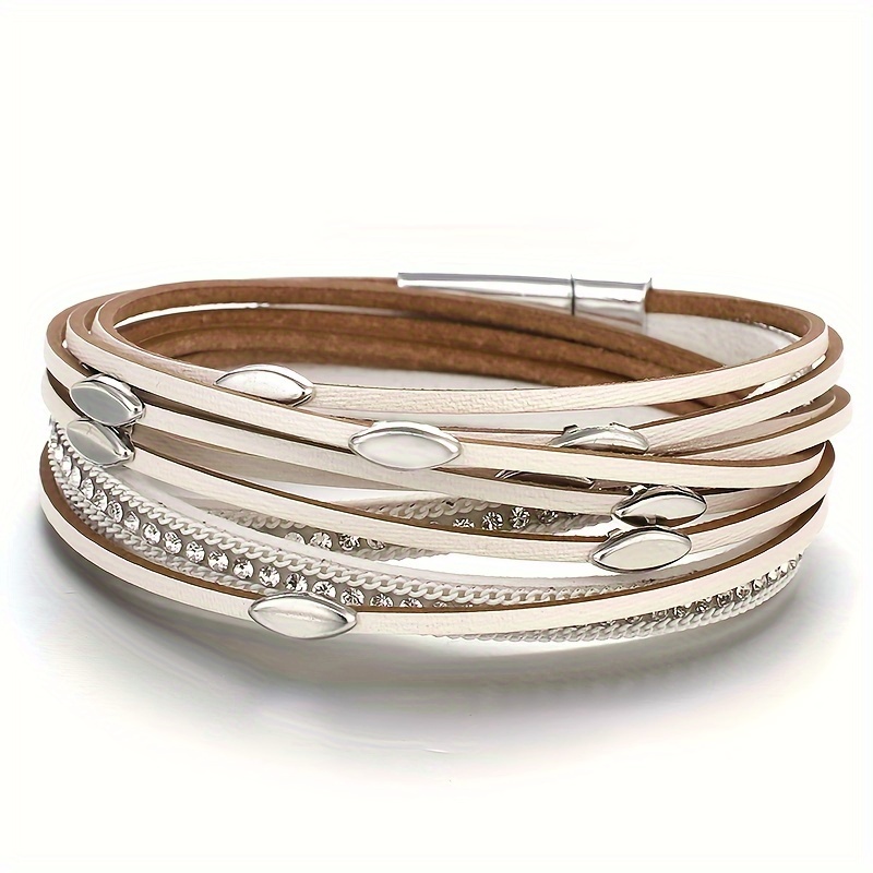 E-shop modisches Armband aus Kunstleder mit Blatt-Anhänger für Damen, Boho-Strass-Mehrschicht-Wickelarmband, Damenarmbänder & Armreifen,