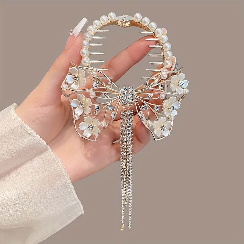 

Exquisite Alloy Hair Clip Fine Hollow Out Butterfly Flower Imitation Pearl Hairpin Chic Rhinestone Tassel Ball Head Barrettes