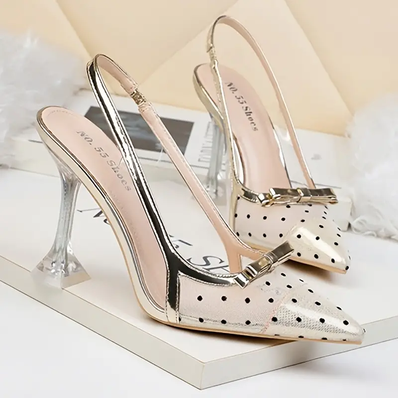 womens polka dot mesh high heels pointed toe slingback pyramid heels versatile dress party sandals details 4