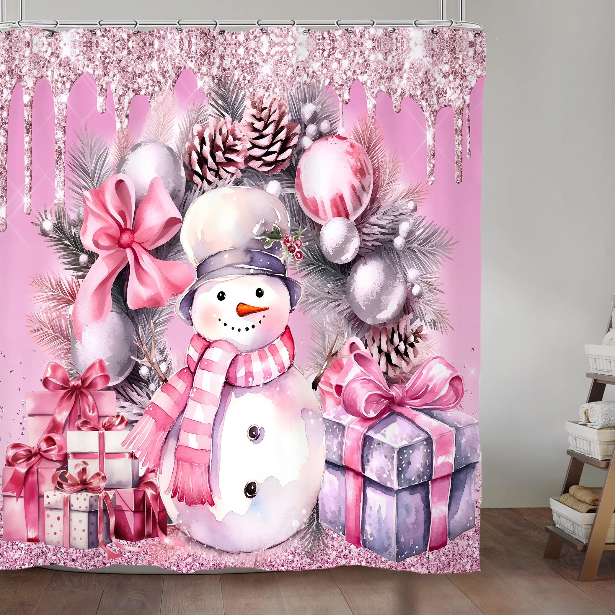 

4pcs Pink Gift Snowman Pattern Shower Curtain Set, Waterproof Bath Curtain With 12 Hooks, U-shaped Mat, Toilet Cover Mat, L-shaped Mat, Bathroom Accessories, Christmas Decor