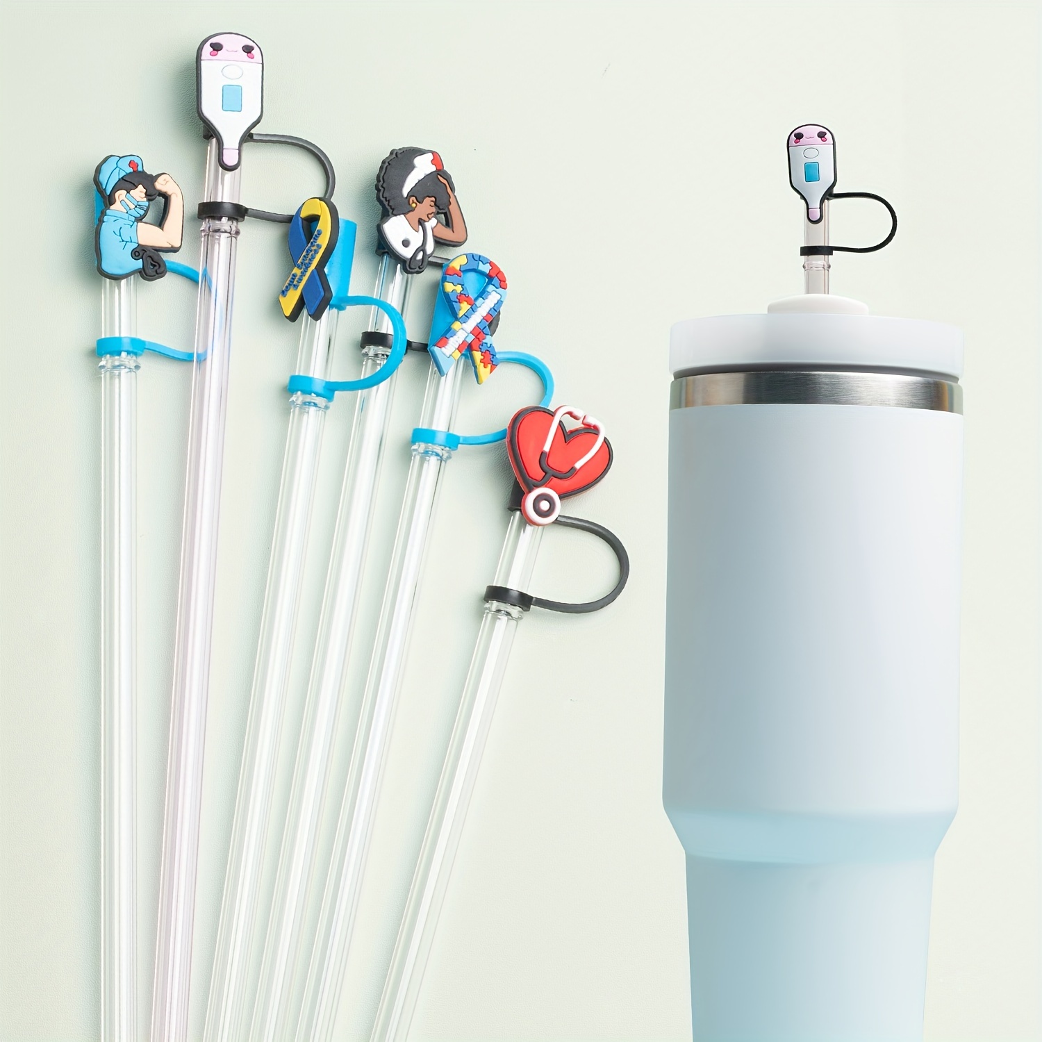  6Pcs Nurse Themed Silicone Straw Covers and Toppers