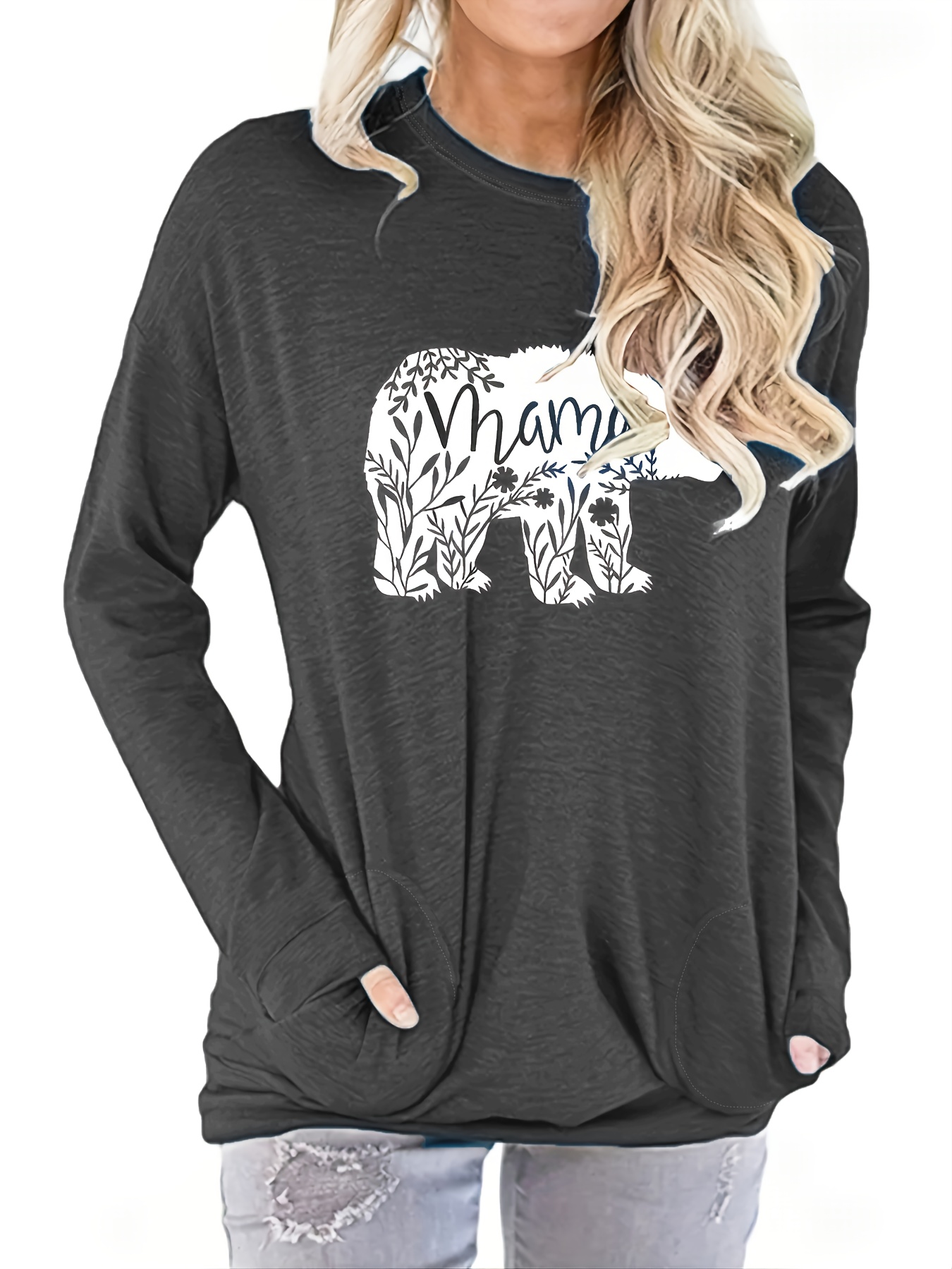 Plus Size Casual Sweatshirt Women s Plus Floral Bear Print Temu