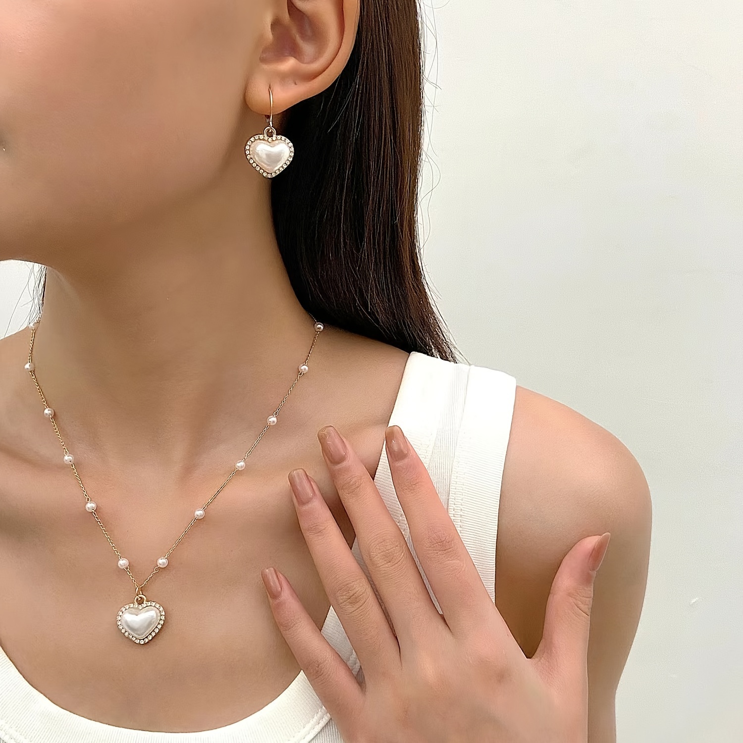

Heart Pearl Alloy Necklace Earrings, Romantic Jewelry Set For Women, Valentine's Day Gift For Ladies