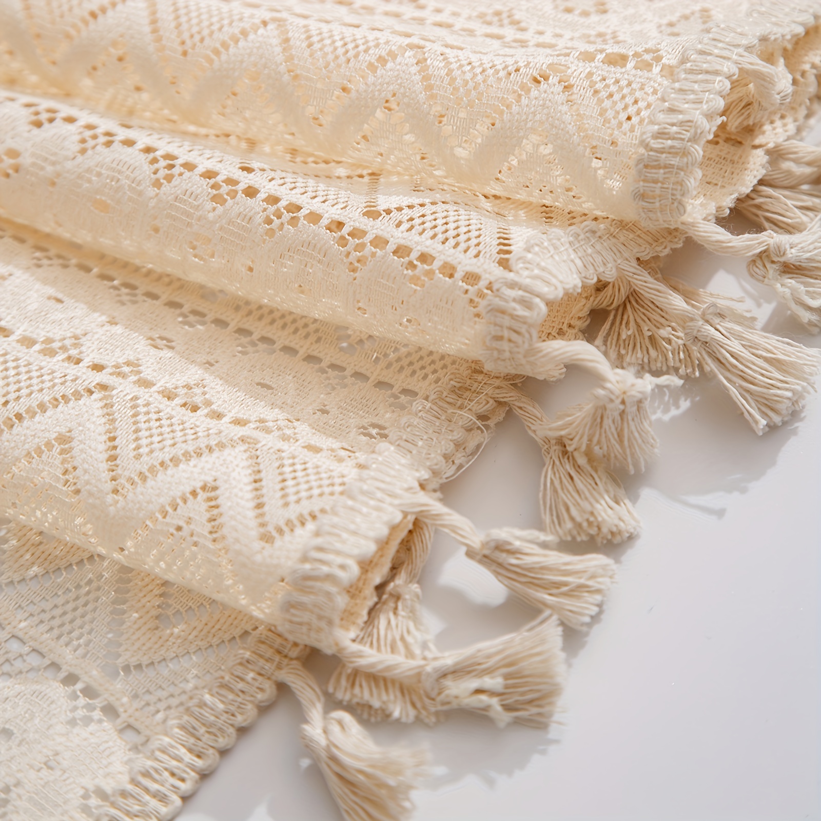 Boho Beige Tassel Trim Curtains Geometric Rod Pocket Coffee Curtains