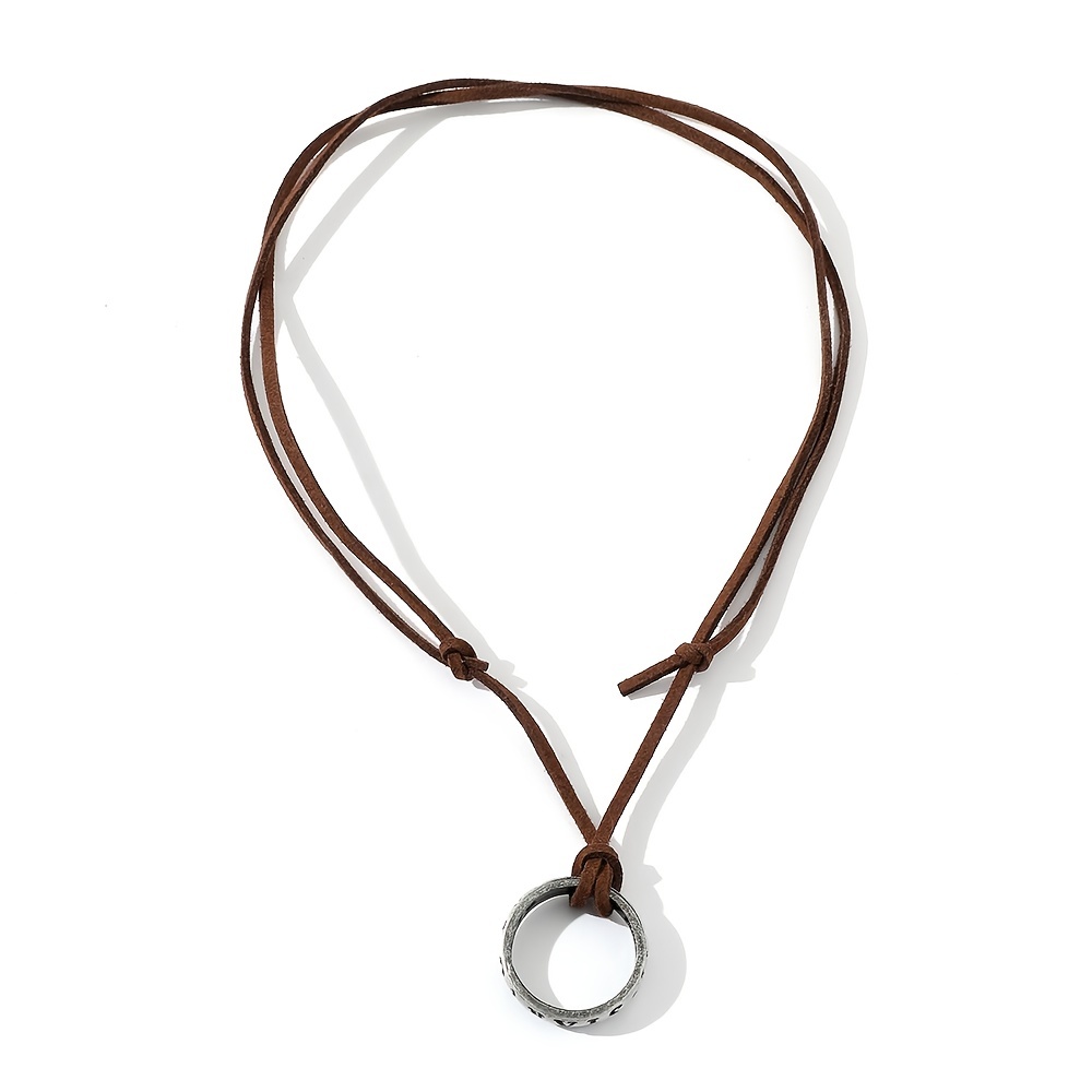 Men's Adjustable Brown Leather Chain Pendant Necklace with Ring