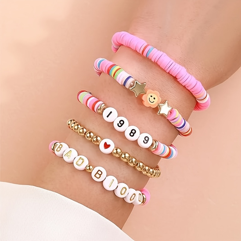 7pcs Clay Beads Beaded Bracelet Set Lovely Hand Jewelry Decoration for Women,Temu