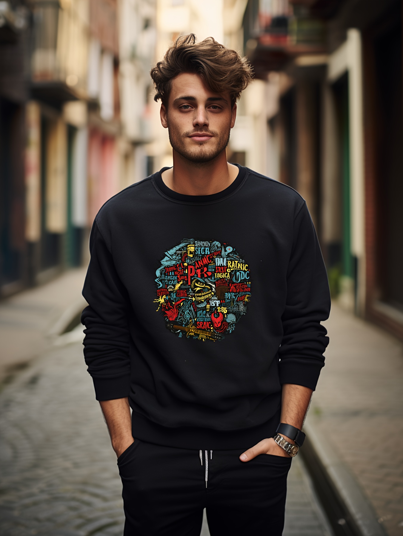 Mens Casual Crew Neck Graphic Sweatshirt