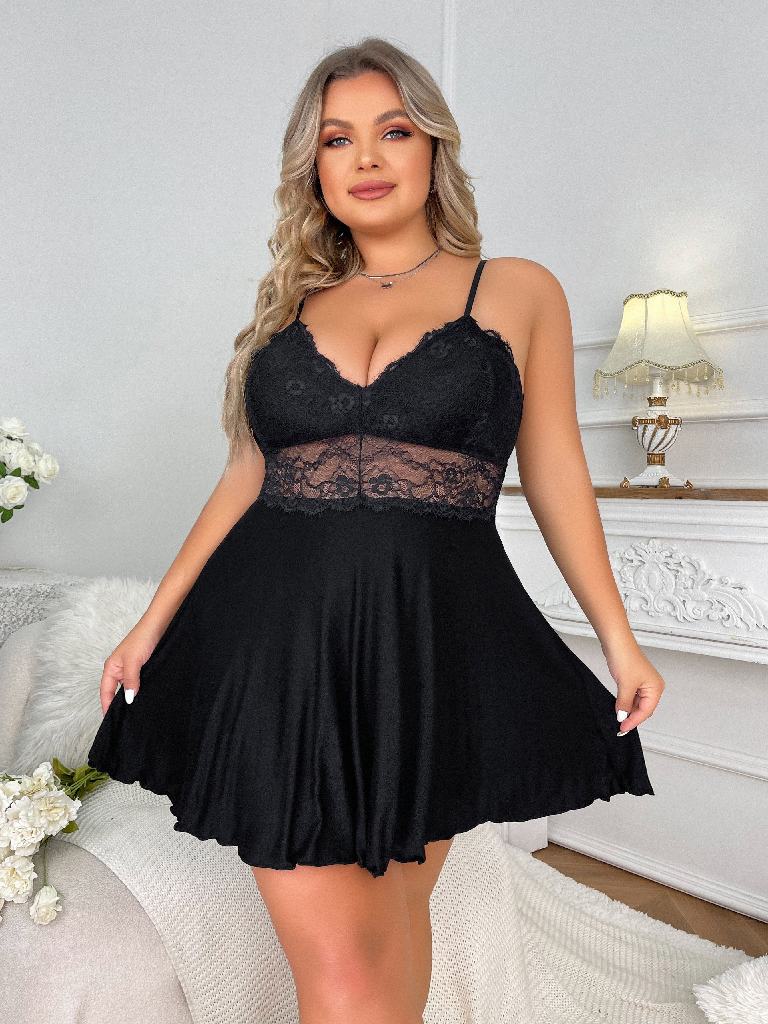 Buy Women Sexy Lingerie Set, Lace Floral Wave V-Neck Babydoll See
