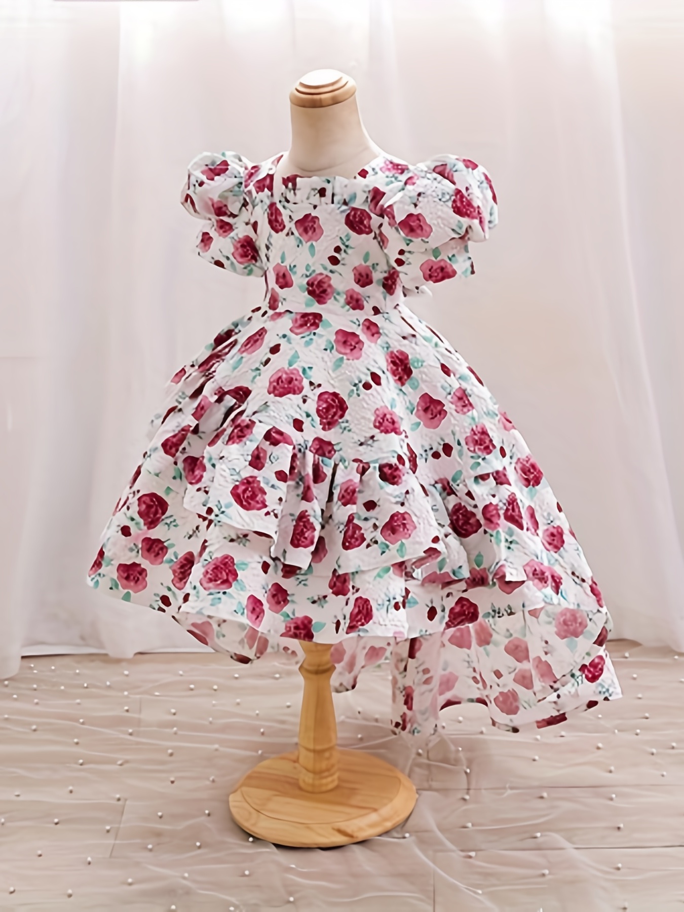 Strawberry Ruffle Tulle Tutu Long Gown Dress Evening Host Princess Flower  Girl