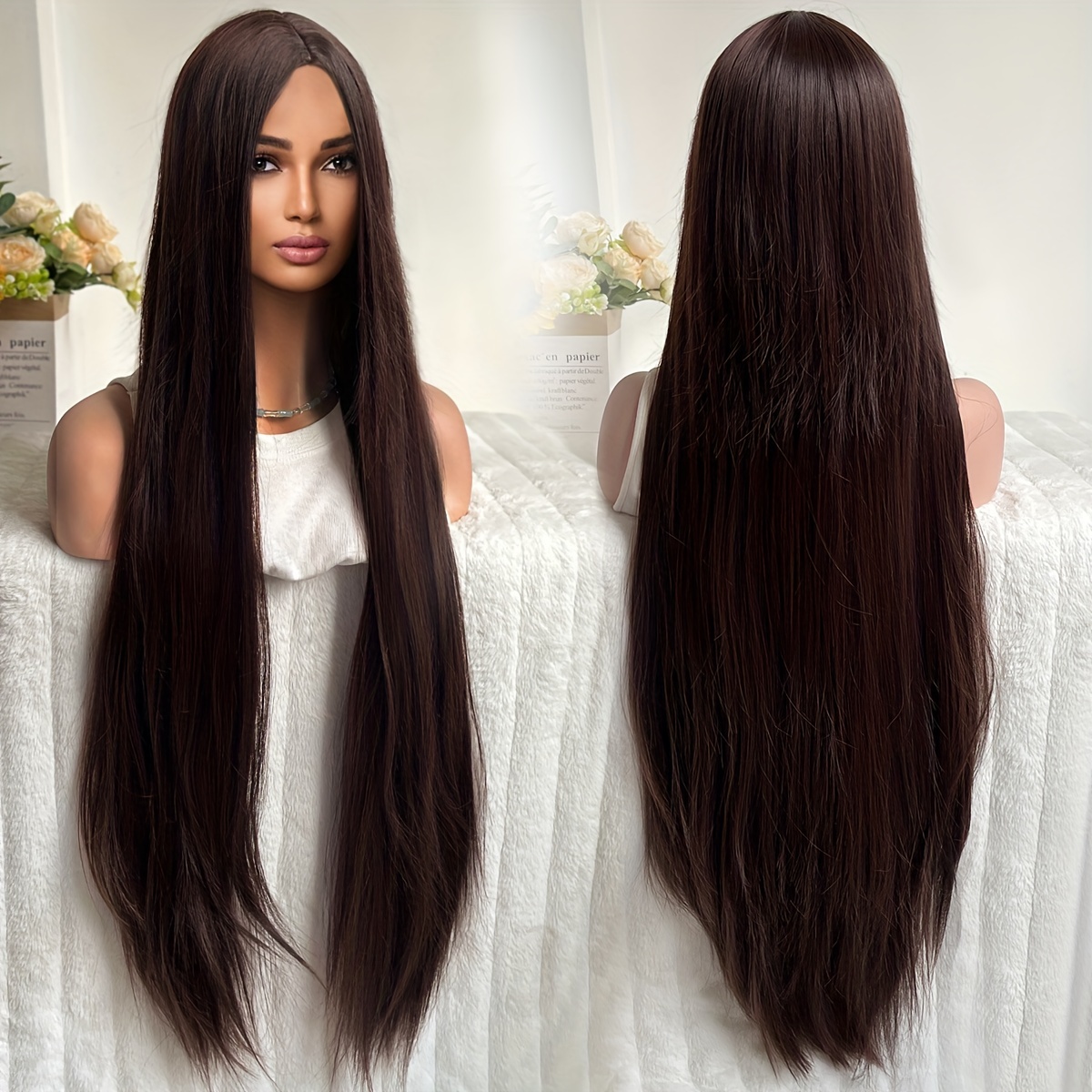 Super Long Straight Hair Wigs Black Synthetic Heat Resistant - Temu