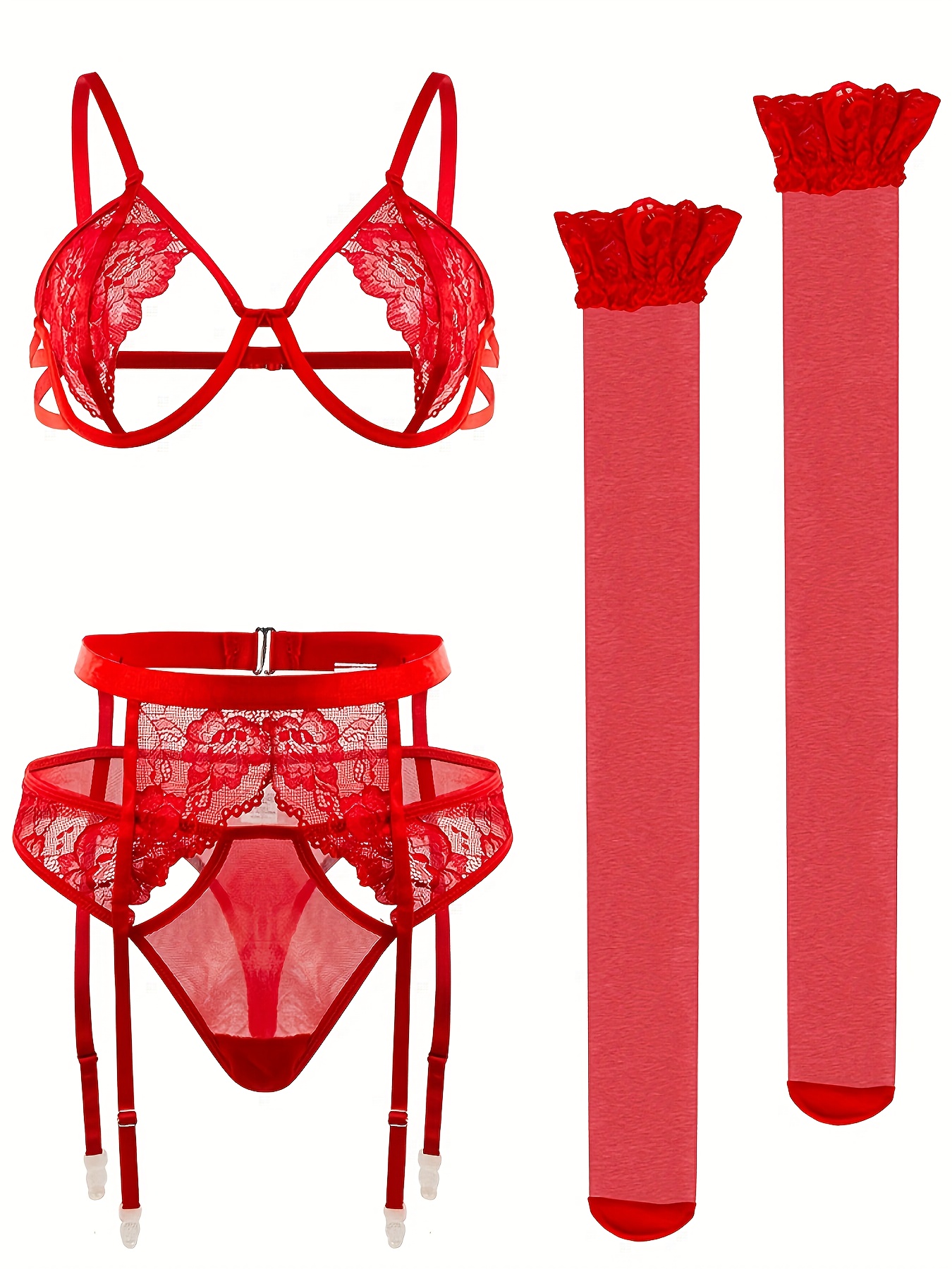 Sexy Red Chain Linked Lingerie Set with Plunge Bra, Garter Belt, G-String,  and Leg Rings - Seductive Women's Underwear for a Bold and Confident Look