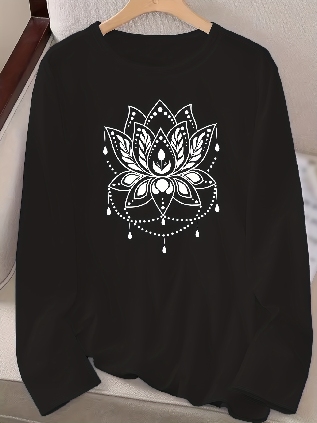 Lotus Print Crew Neck T-shirt, Casual Long Sleeve T-shirt For