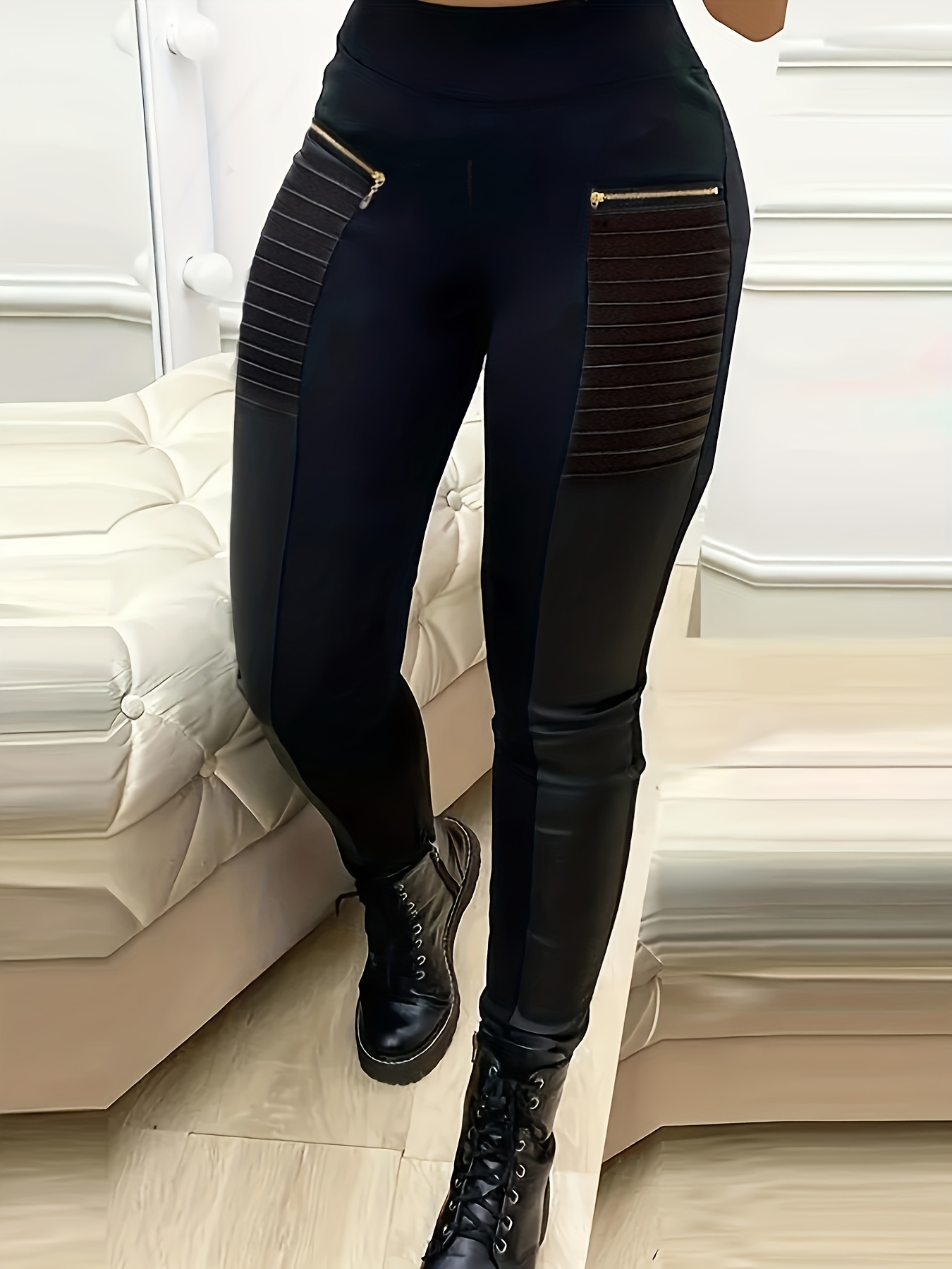 Black Leather Tight Fit Pants/sexy Zipper Leather Leggings/front