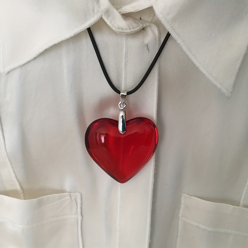 Red Heart Necklace Big Red Glass Heart Pendant Black Leather Rope Neck  Jewelry