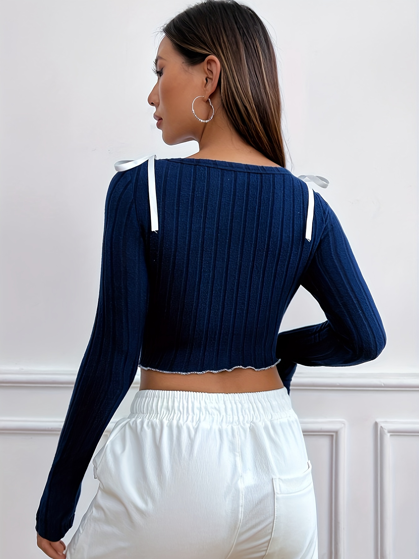 Women's Long Sleeve Ribbed Fitted Crew Neck Basic Short Crop - Temu Canada