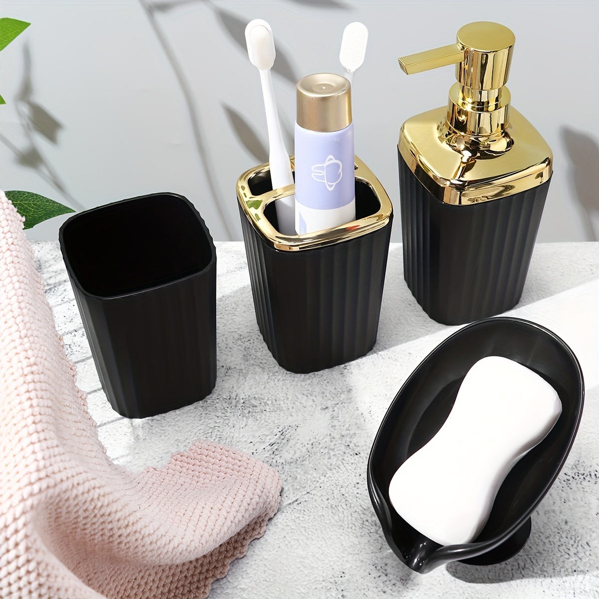 

4pcs Stylish And Functional Bathroom Kit With Lotion Dispenser, Toothbrush Holder, Mouthwash Cup, And Soap Dish - Perfect For Organizing Your Bathroom Essentials