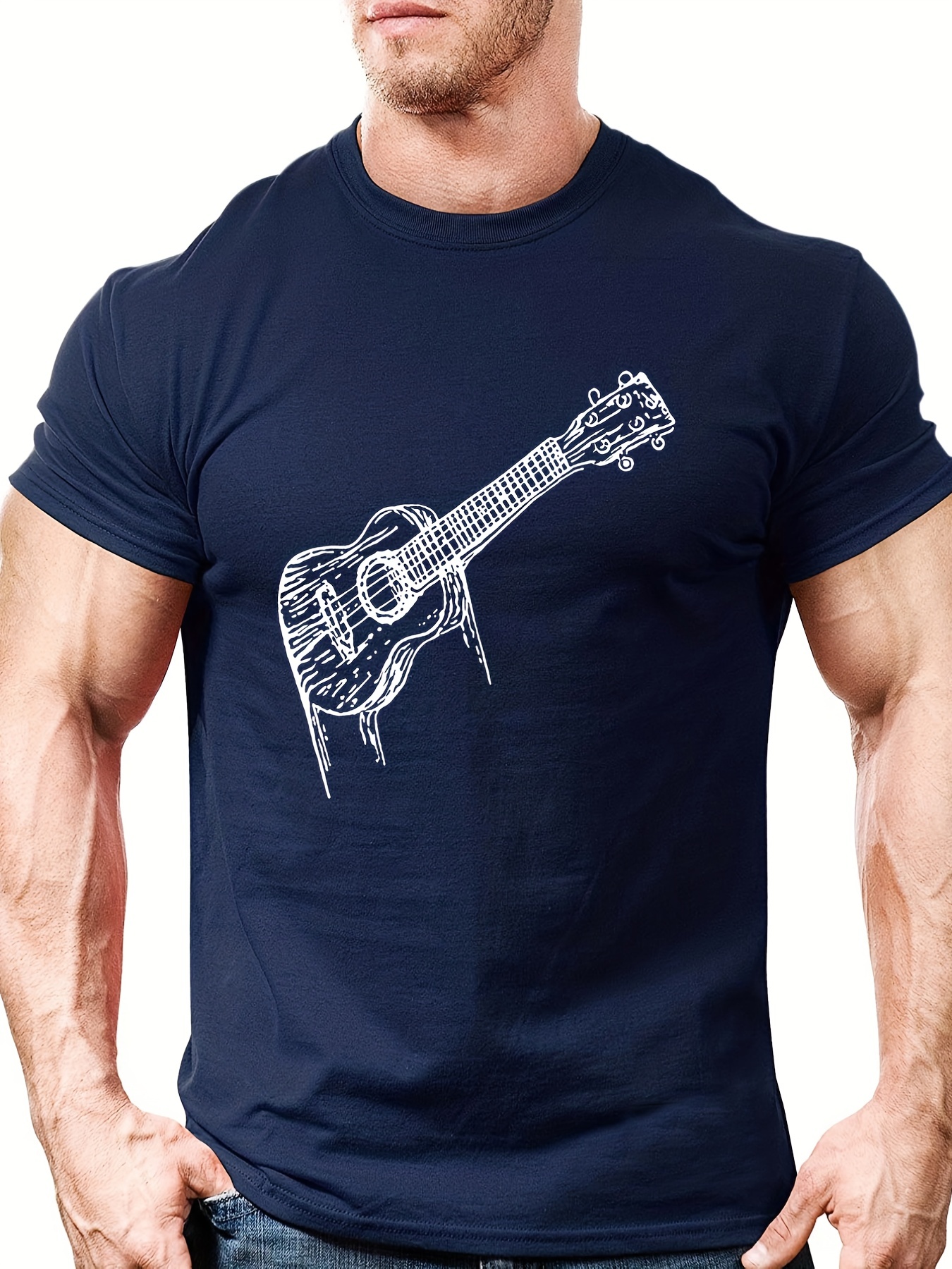 Men's Casual Funny Style Cartoon Bear Guitar Rock Music Graphic Printed  Short Sleeves T-shirt In WHITE
