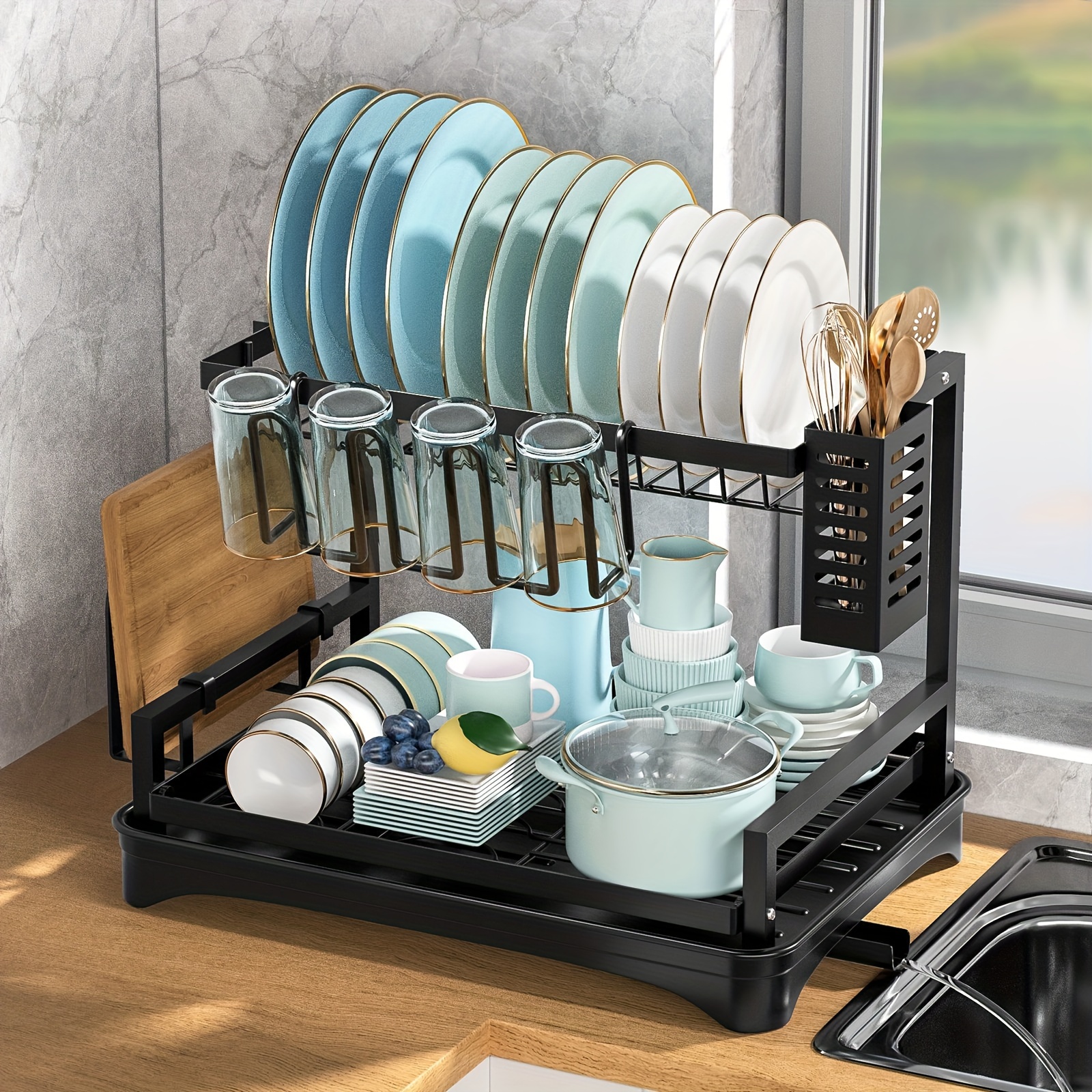 2-Tier Dish Drying Rack, Space-Saving Dish Rack for Kitchen Counter,  Detachable