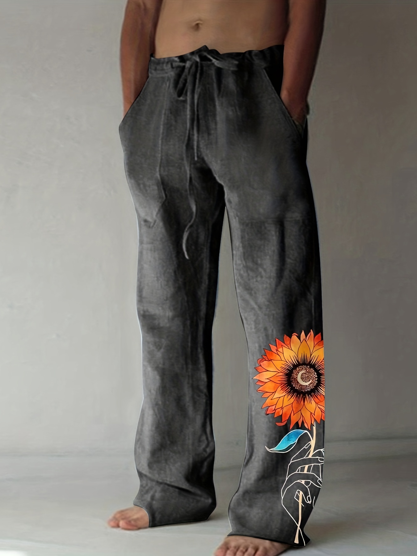 Blue Sunflower Printed Plus Size Denim Baggy Pants Men With Wide