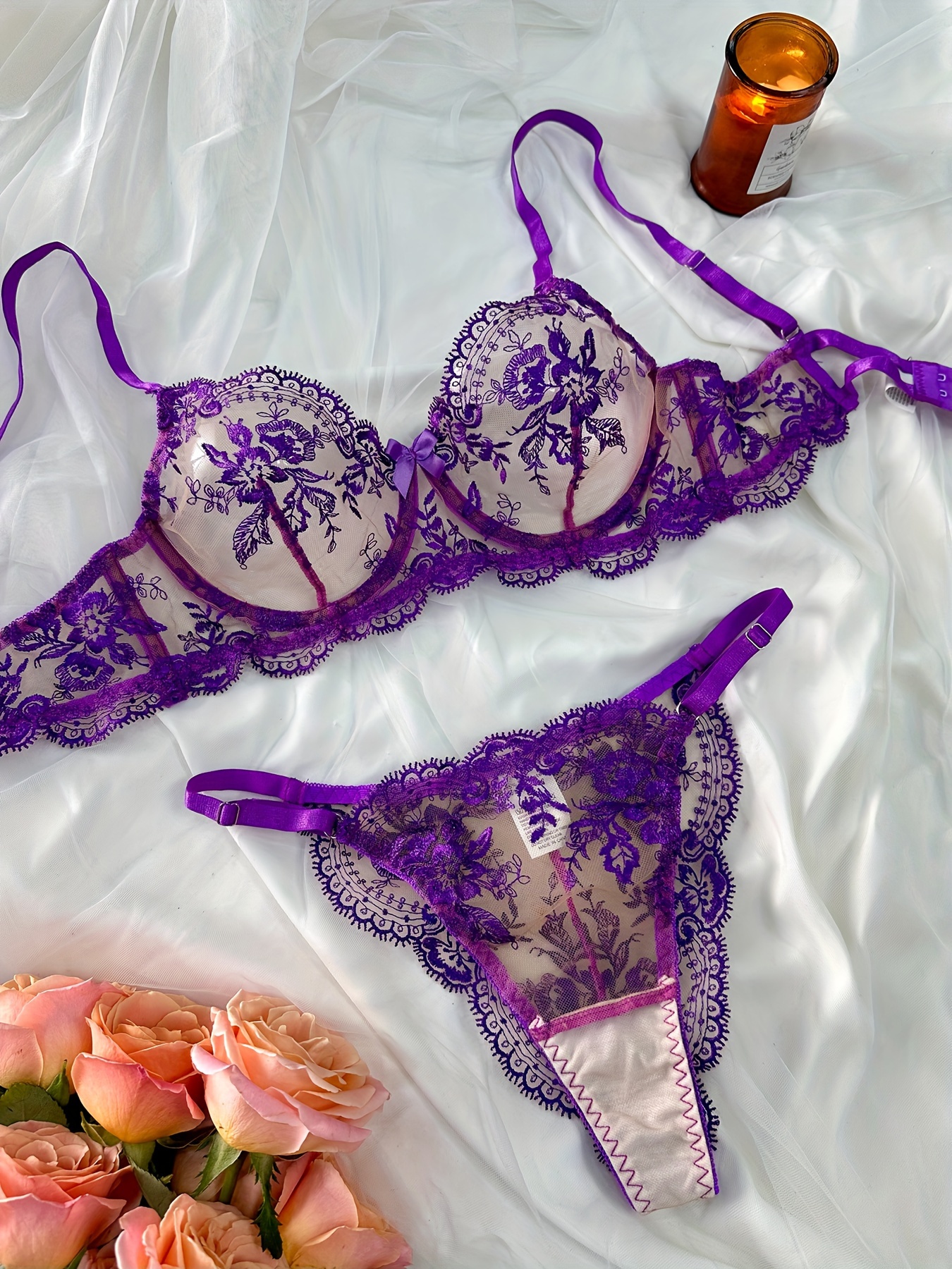 Floral Embroidery Lingerie Set, Sheer Unlined Bra & Mesh Thong, Women's  Sexy Lingerie & Underwear