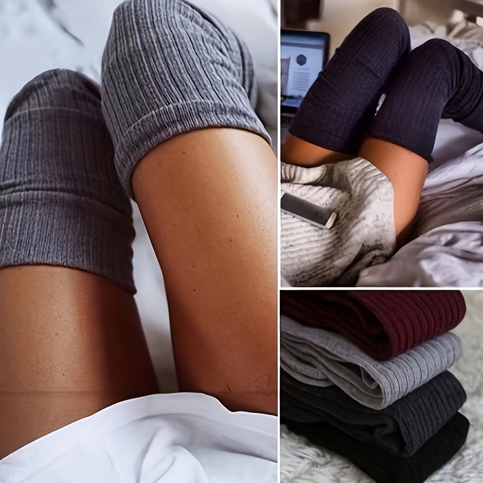 1 Pair Women's Over-the-Knee Ribbed Socks - Stackable Design, Solid Color (Navy/Grey/Burgundy), All-Season Machine Washable for Casual & Formal Wear