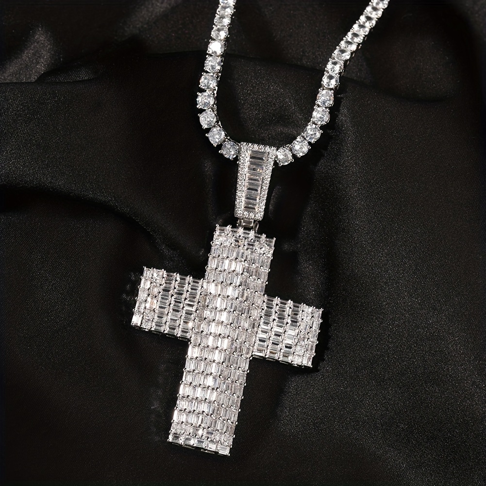 Square Zirconia Cross Pendant, Gold-plated Copper Shining Street Fashion  Cool Men's Hip-hop Pendant Jewelry