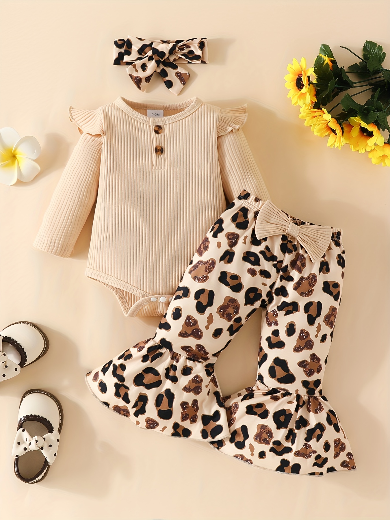 3pcs Letter Embroidered Ruffle Long-sleeve Ribbed Romper and Leopard Pants Set