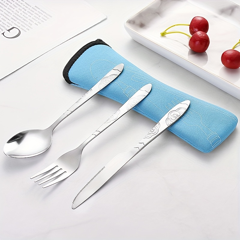 3 Pcs/Set Picnic Tableware Portable Stainless Steel Spoon Fork Steak Knife  Set Travel Cutlery Tableware with Bag(4 Color)