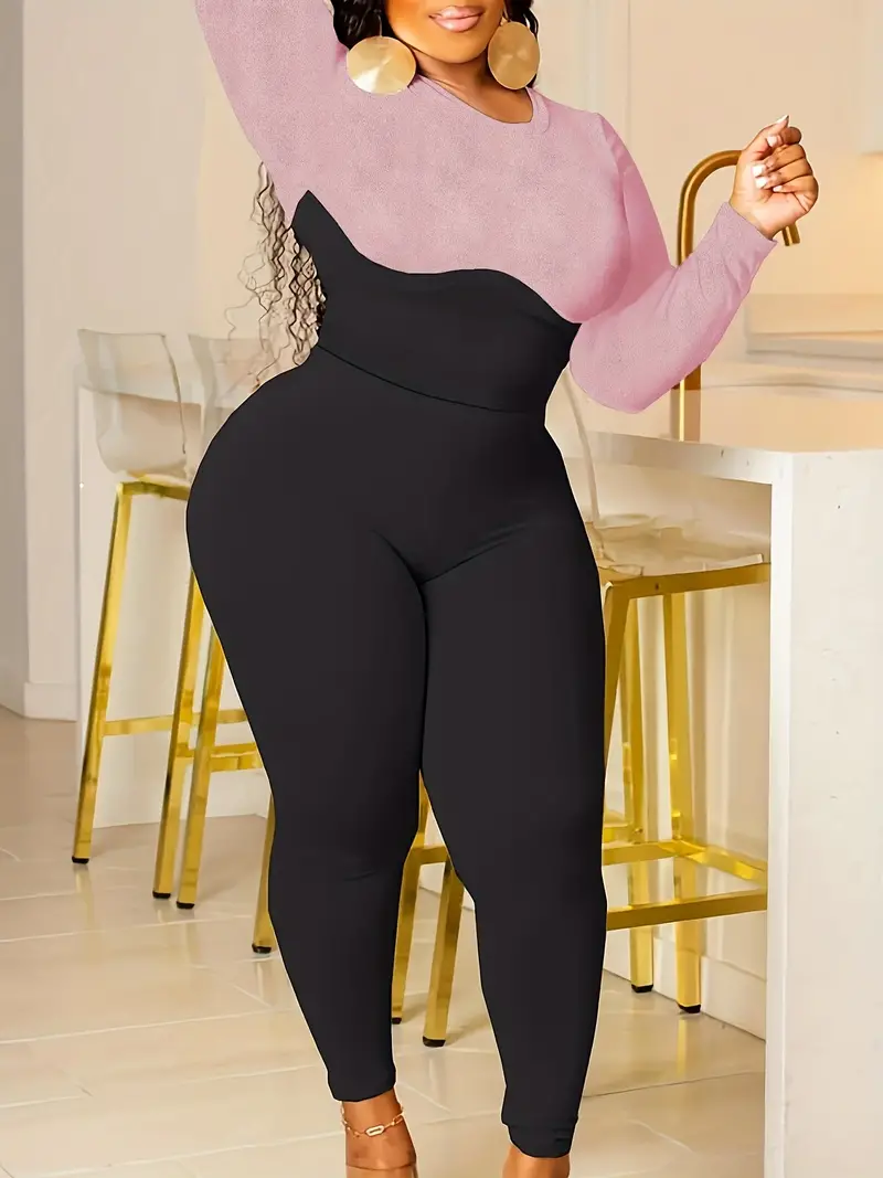 plus size casual outfits set womens plus colorblock long sleeve round neck slim fit top leggings outfits two piece set details 1