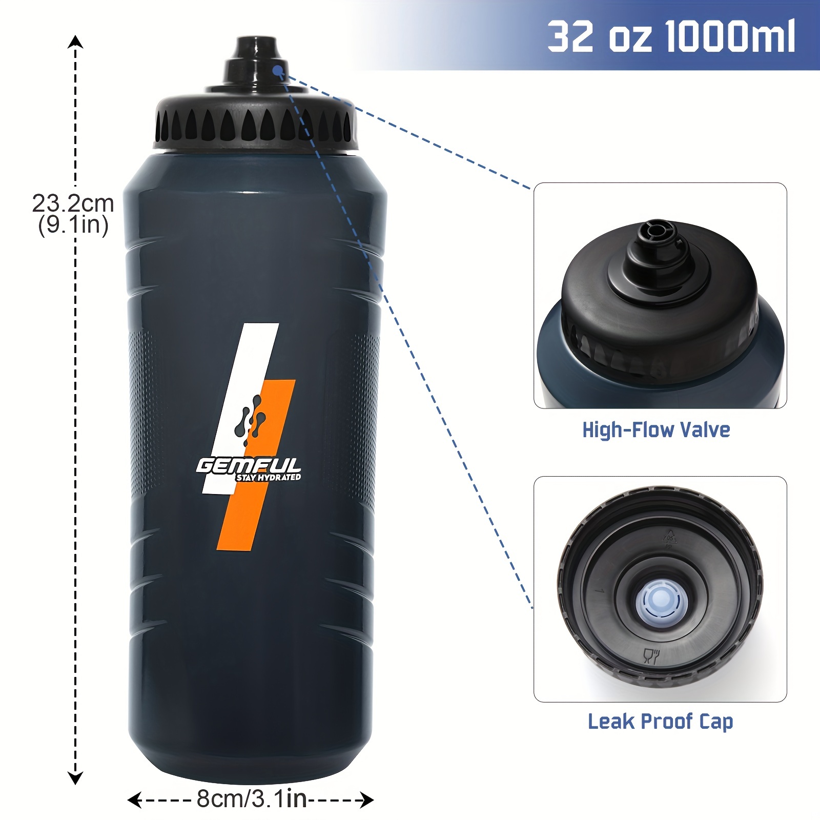 Best Sports Water Bottle 32oz Large Fast Flow Flip Top Leak Proof Lid w/ One BPA