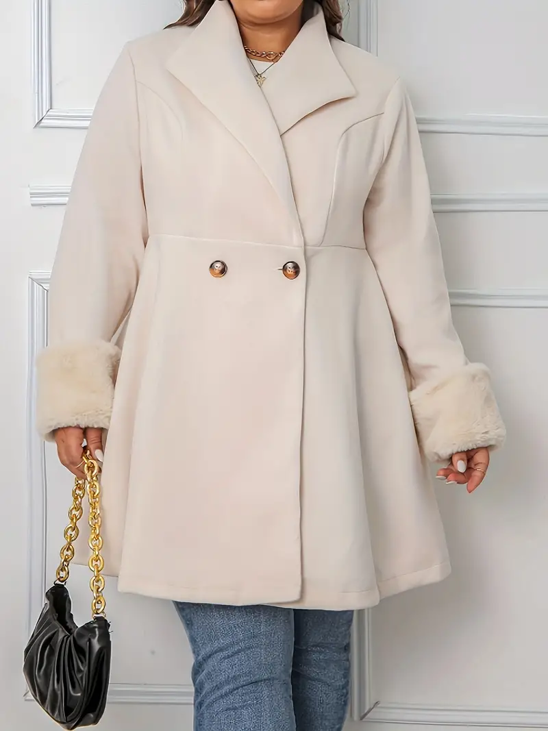 Plus Size Elegant Faux Fur Coat, Women's Plus Solid Contrast Faux Fur Long  Sleeve Lapel Collar Double Breast Button Peplum Woolen Coat