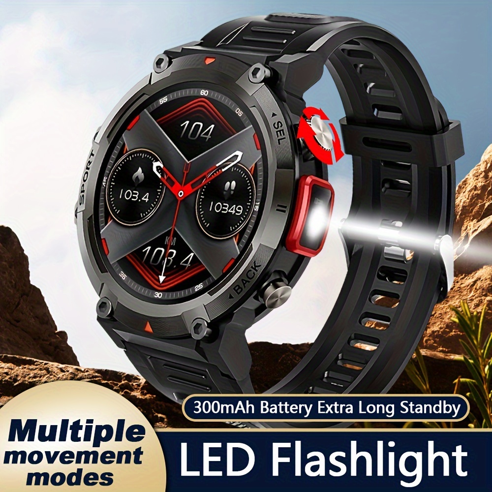 Reloj inteligente militar para hombre con linterna LED, 1.46 pulgadas HD  resistente reloj inteligente táctico al aire libre con brújula