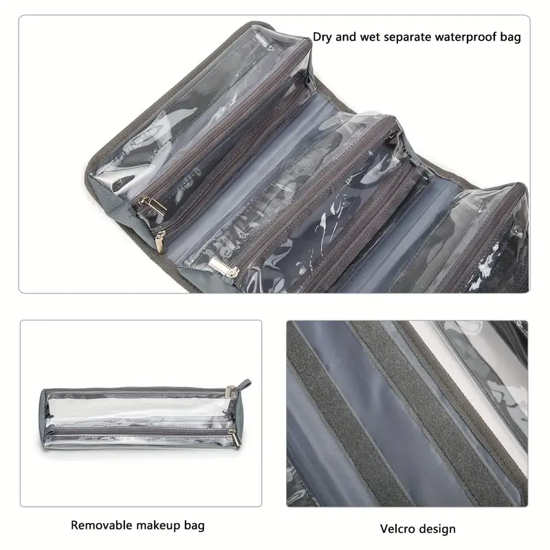 roll up hanging handheld square makeup bag waterproof dacrom toiletry bag with 4 removable tsa approved clear pvc cosmetic pouches lightweight portable travel storage bag details 3