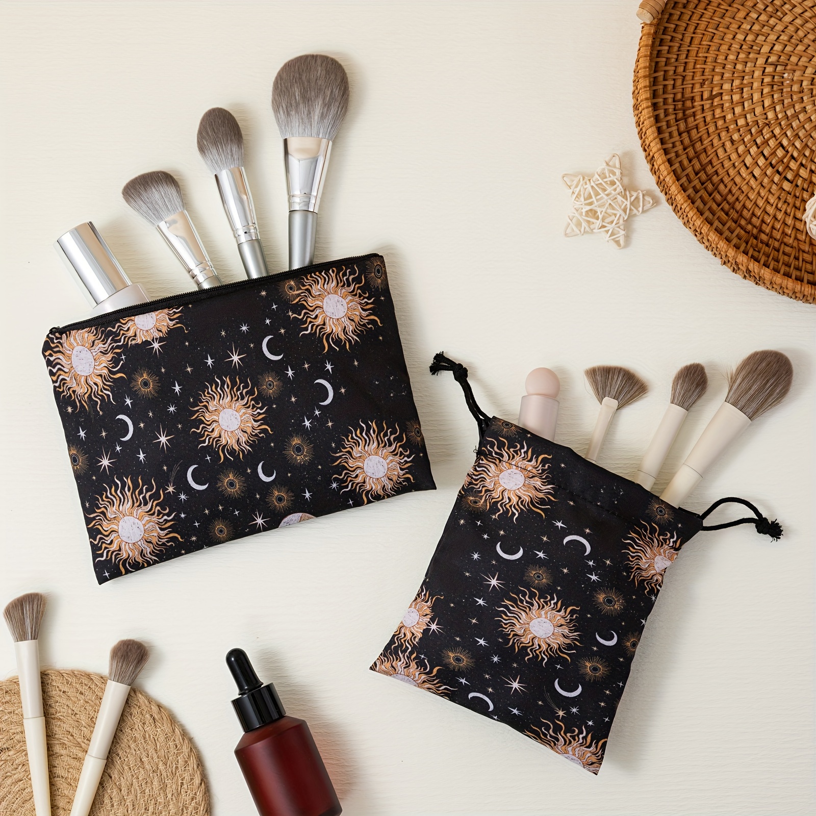 Jom Tokoy Make-up-Tasche Set – Mit Sonne-Mond-Stern Design, Reißverschluss & Kordelbeutel
