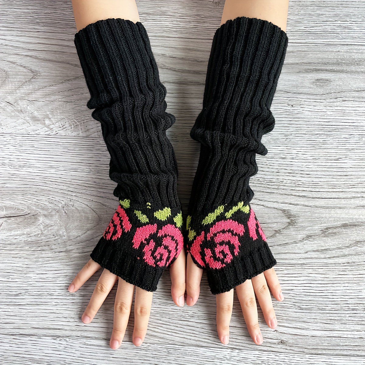 Vintage Fingerless Gloves For Women Butterfly Flowers Embroidery Knitting  Half Finger Gloves Autumn Winter Thumb Hole Arm Warmers 