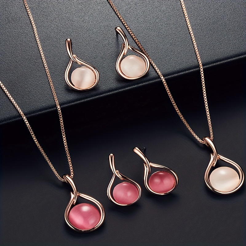 1set/3pcs Luxurious Waterdrop Shaped Pink Zircon Necklace