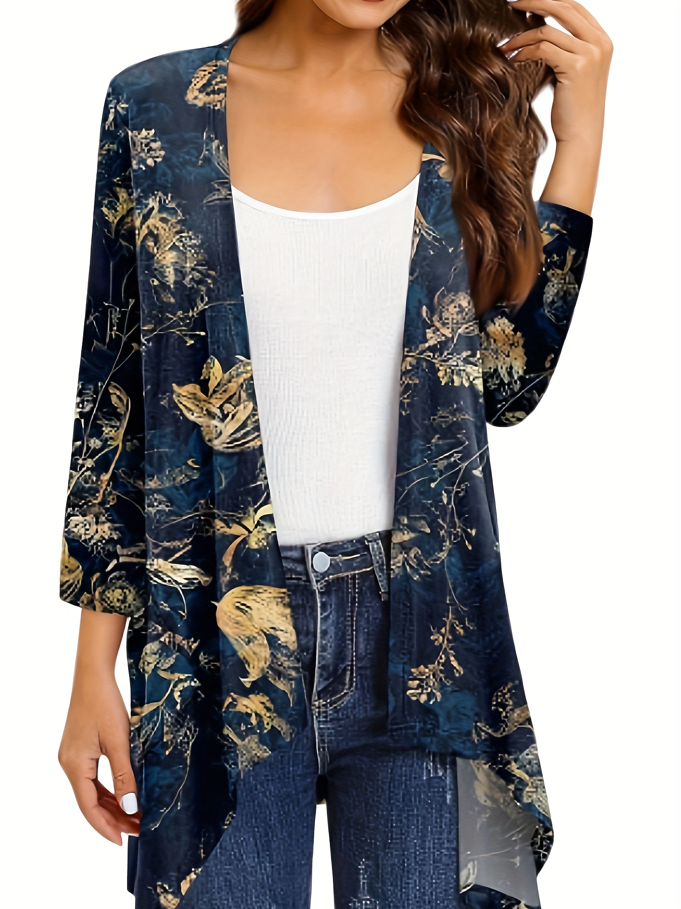 Women's Plus Size Floral Print Long Sleeve Open Front Cardigan