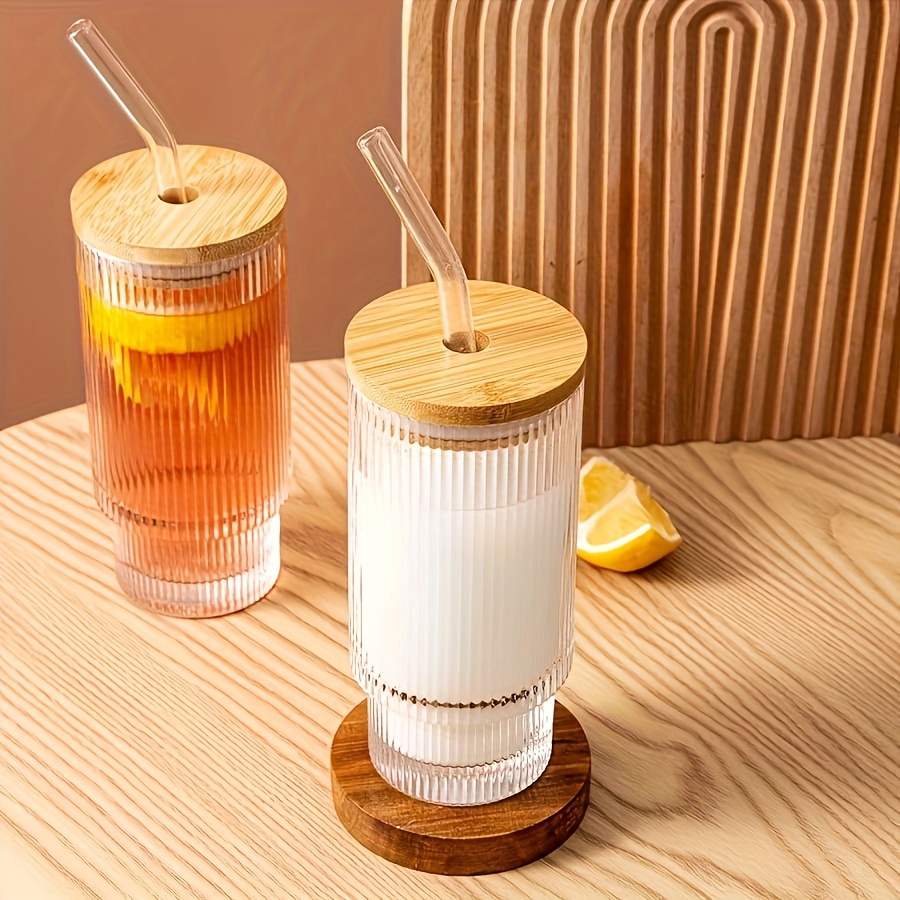 Ribbed Glass Cups With Bamboo Lids And Glass Straws Set Of 4